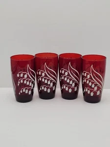 Vintage Anchor Hocking Lily of the Valley Red Glass Tumblers 12 oz Set Of 4 - Picture 1 of 11