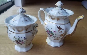 Antique Old Paris Vieux Paris Porcelain Teapot & Sugar Bowl Hand Painted Floral - Picture 1 of 19