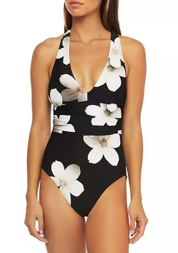 LAUREN By Ralph Lauren White Black Villa Floral Twist Back Halter Swimsuit Sz 10 - Image 1 of 1