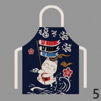 Unisex Japanese Linen Oilproof Apron Sleeveless Fortune Cat Household Cooking - Image 1 of 4
