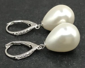 large shell pearl pear drop earrings, solid sterling silver, lever fit, gift box - Picture 1 of 12