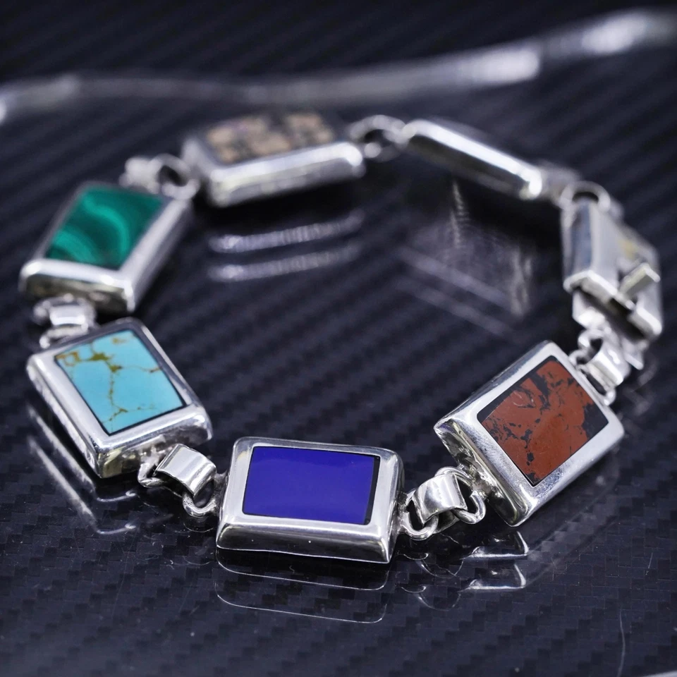 Pulsera rectangular 8”, plata esterlina 925 mexicana malaquita jaspe ónix Foto 1 de 4