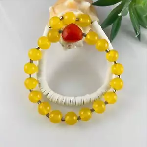 Sterling Silver SET of 2 Bracelets Yellow Jade/Carnelian, White Heishi Clay Bead - Picture 1 of 3