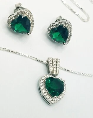 Conjunto de collar y pendientes colgantes corazón esmeralda simulado regalo para ella Foto 1 de 4