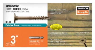 SIMPSON STRONG-TIE Strong-Drive® SDWS TIMBER Screw (Exterior Grade) — 0.220 in. x 3 in. T40 50-Qty