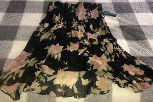Ralph Lauren Silk Floral Ruffle Elastic Waist Black Midi High Low Skirt Sz 18W - Picture 1 of 10