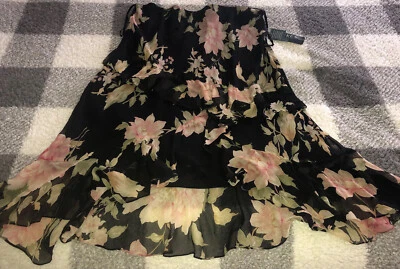 Ralph Lauren Silk Floral Ruffle Elastic Waist Black Midi High Low Skirt Sz 18W - Image 1 of 4