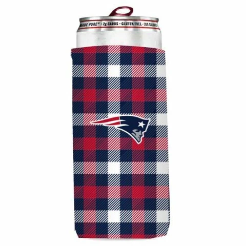 New England Patriots Plaid Slim Can Cooler, NFL Coozie Koozie Coolie Cover