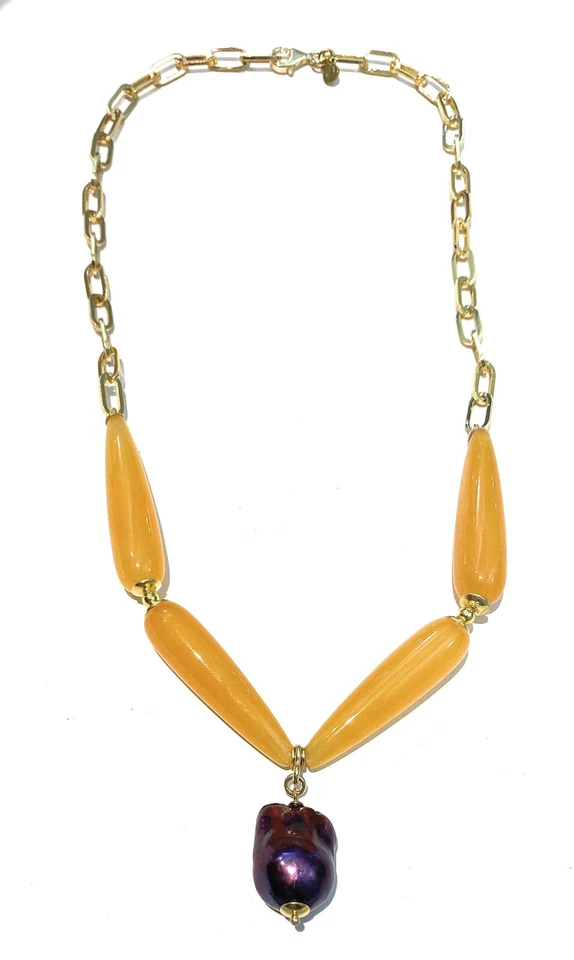 Collana choker agata gialla gocce ciondolo perla barocca viola argento sterling  - Immagine 1 di 3