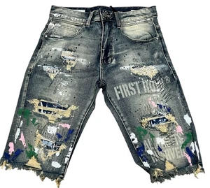 First Row Distressed Rip & Repair Denim Jean Shorts Men’s Size 30 Painted Jorts - Picture 1 of 12