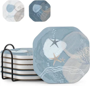 Ceramic Stone Coasters for Drinks Absorbent with Holder, Coastal Themed Design f - Picture 1 of 12