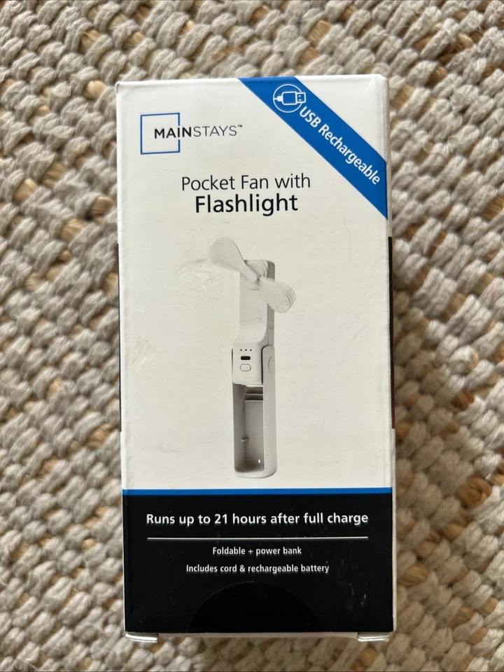 Mainstays White USB Rechargeable Pocket Fan Flashlight & Power Bank