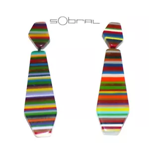 Sobral Pop Art Aborigene Day Multicolor Stripe Artist Made Dangle Post Earrings - Picture 1 of 7