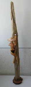 Folk Art Wooden Woman Climbing Gold Driftwood 33" High on Wood Base Signed HK - Picture 1 of 7