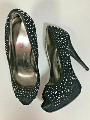 Bongo Fame sz 6 stiletto metallic studs black suede High Heels Shoes peep toe  - Image 1 of 4