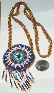 Native American Southwestern Style Seed Bead Woven Beaded Medallion Necklace - Picture 1 of 19