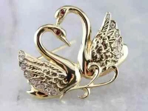 Two Love Swan Brooch Pin 2Ct Round Cut Simulated Diamond 14k Yellow Gold Plated - Picture 1 of 7