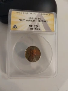 1951 D ANACS LINCOLN WHEAT CENT "BIE VARIETY " VF 20. - Picture 1 of 3