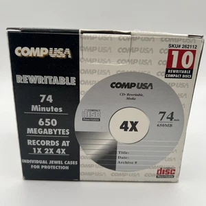 CompUSA & Memorex 10 Pack CD-RW 650MB 74 Minute w/ Jewel Cases NEW Sealed VTG BN - Picture 1 of 11