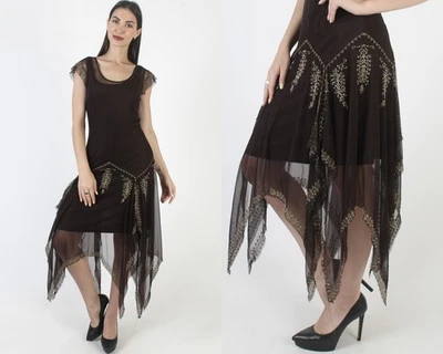 Vestido De Colección Marrón Asimétrico Dobladillo Dorado Bordado Hada Y2K 2000s Vestido de Baile de graduación 8 Foto 1 de 4