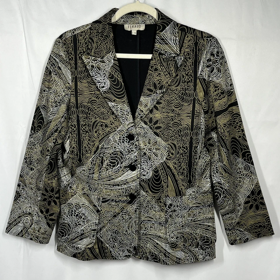 Blazer LOUIS FERAUD Paris F40 US8 De Colección Años 80 Negro Dorado Plata Art Deco Francia Foto 1 de 4