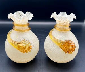 Vintage Pair of Hand-Blown Art Glass Vases Applied Coiled decoration Amber Hues - Picture 1 of 10