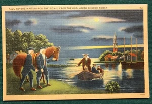 Leinen Postkarte Paul Revere wartet auf das Signal der alten Nordkirche - Bild 1 von 2
