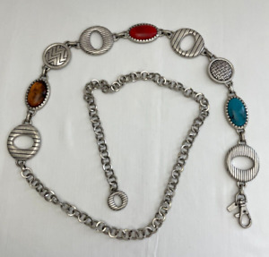 Chico's silver tone waist belt chain link faux turquoise coral amber adjustable