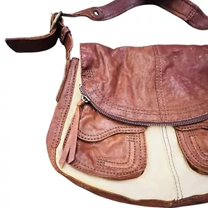 Bolso de Hombro Lucky Brand Peto Lona Cuero Italiano Tostado Crema Boho Western - Imagen 1 de 24
