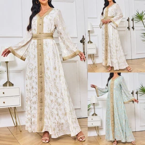 Women Dubai Abaya Dress Muslim Islam Maxi Kaftan Gown Jilbab Party Ramadan Robe - Picture 1 of 18
