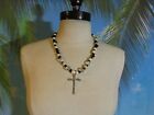 Necklace with Freshwater Pearls, Black Beads, Clear Beads, & a Rhinestone Cross