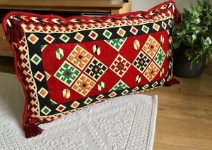 Big Cushion Cover, 50cm x 90cm, Bold Kilim Motifs, Red Colour Backrest Cushion - Picture 1 of 8
