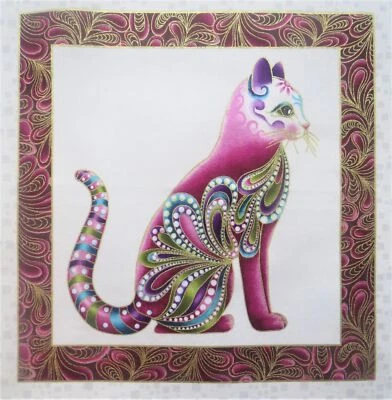 Regal Mauve Cat Cat-i-tude Fabric Paisley Design 9.75" Quilt Craft Block #92 - Image 1 of 2