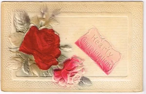 Vintage Postcard sends Hearty Congratulations w/Red Flocked Rose - Picture 1 of 1