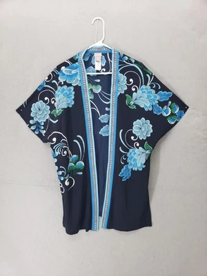 Chaqueta Kimono Chicos Mujer Pequeña Mediana Azul Floral Frente Abierto Boho Ligera Foto 1 de 4