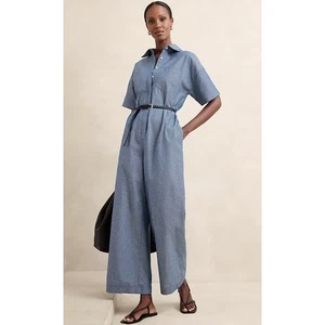 Banana Republic Tie Waist Wide Leg Jumpsuit Short Sleeve Belted Chambray, Size 4 - Picture 1 of 13
