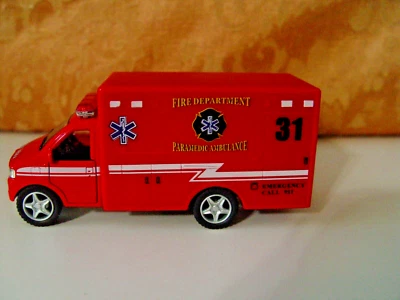 Kinsmart 5.25" Diecast Rescue Fire Department Paramedic Ambulance Red Doors Open - Image 1 of 4