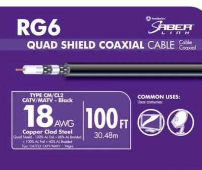 Southwire RG6 Quad Shield Coax Cable 100ft  18 AWG Black 56918445 CM/CL2 CATV - Image 1 of 4