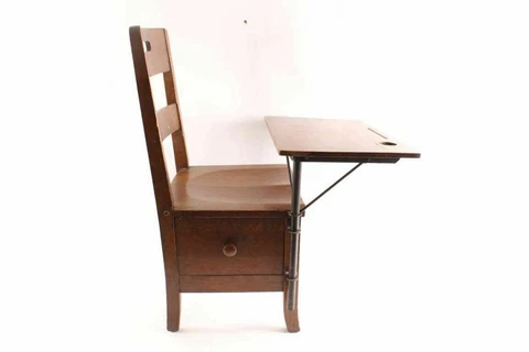 Antique Oak Wood Childs School Desk With Drawer & Swivel Top Cover