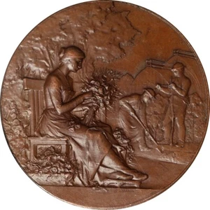 France c. 1900 Medal - Horticulture by Frédéric Vernon - seated Woman Flowers - Picture 1 of 8