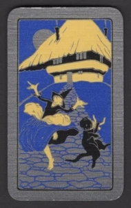 Playing Cards Patience Single Card Old Antique ** DANCING WITCH + BLACK CAT ** A - Picture 1 of 3