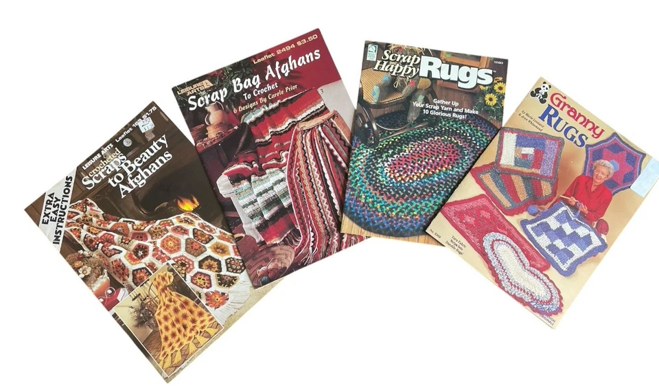Sucatas de crochê tapetes afegãos sacos tapetes vovó padrões 4 folhetos crochê fácil - Imagem 1 de 4