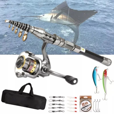 Carbon Fiber Telescopic Fishing Rod Pole Reel Combo Sea Saltwater Freshwater Kit - Image 1 of 4