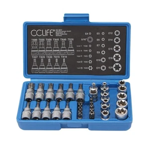 34tlg Innen Außen Torx Steckschlüssel und S2 Bit Satz Sechskant E4 E20 Nuss T10 - Bild 1 von 24