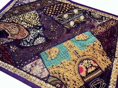 Vintage Cotton Tapestry Table Cloth Beaded Wall Hanging Patchwork Wall Covering - Image 1 of 4
