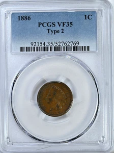 1886 Indian Cent Type 2 PCGS VF 35 Freshly Graded Coin 92154 - Picture 1 of 2