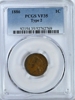 1886 Indian Head Cent Type 2 PCGS VF 35 Freshly Graded Coin 92154 - Image 1 of 2