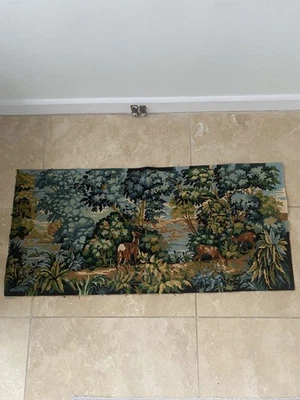 Completed French tapestry : forest, countryside, deers and stag - Image 1 of 4