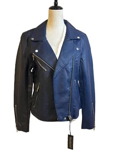 BlankNYC Motorcycle Jacket Women L Blue Vegan Leather Full Zip Water Resistant - Picture 1 of 21