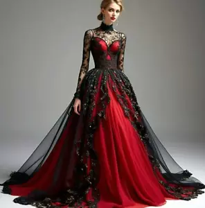 Gothic Black And Red Wedding Dresses Long Sleeves High Collar Princess Bridal - Picture 1 of 8